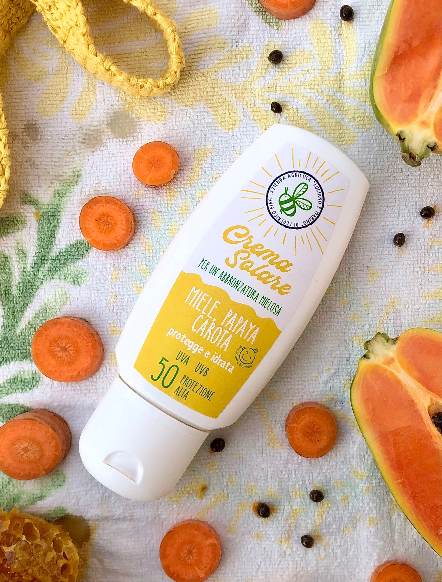 Crema solare spf 50 con MIELE, PAPAYA e CAROTA