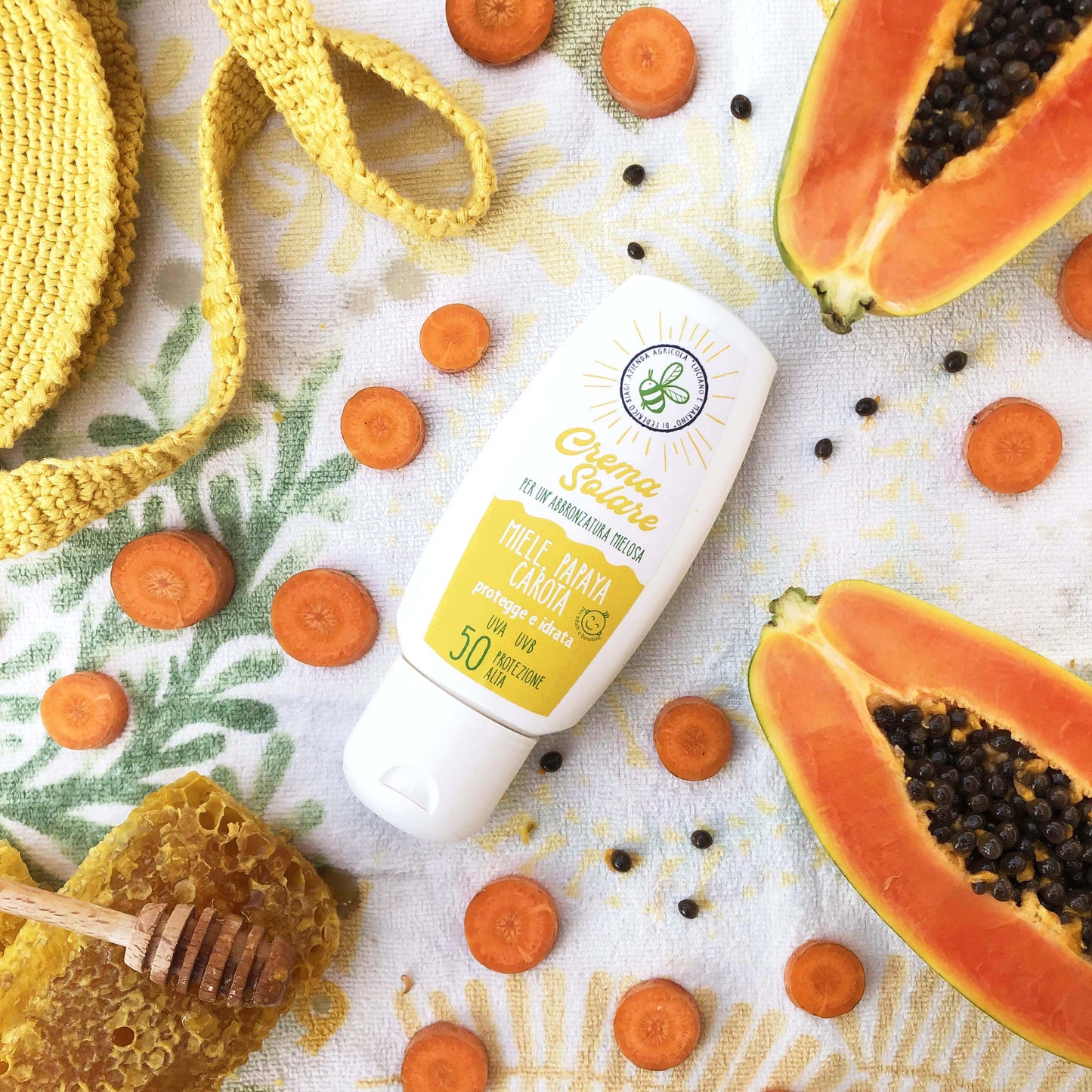 Crema solare spf 50 con MIELE, PAPAYA e CAROTA