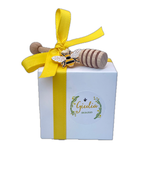 Bomboniera con scatolina cartone e spargimele in legno - vasetto da 125 gr